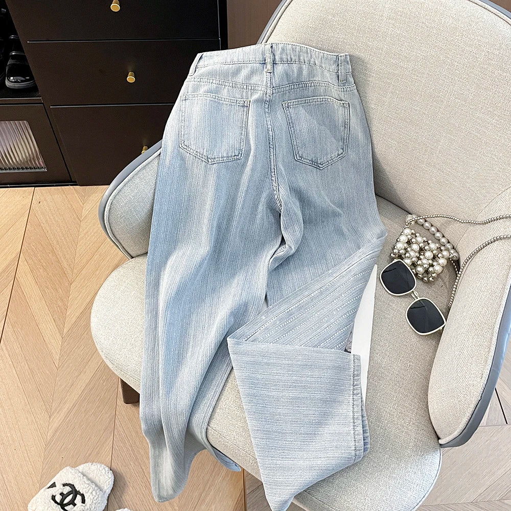 Korean Shiny Hot Diamond Temperament High Waisted Straight Tube Loose and Slimming Narrow Version Wide Leg Denim Pants for