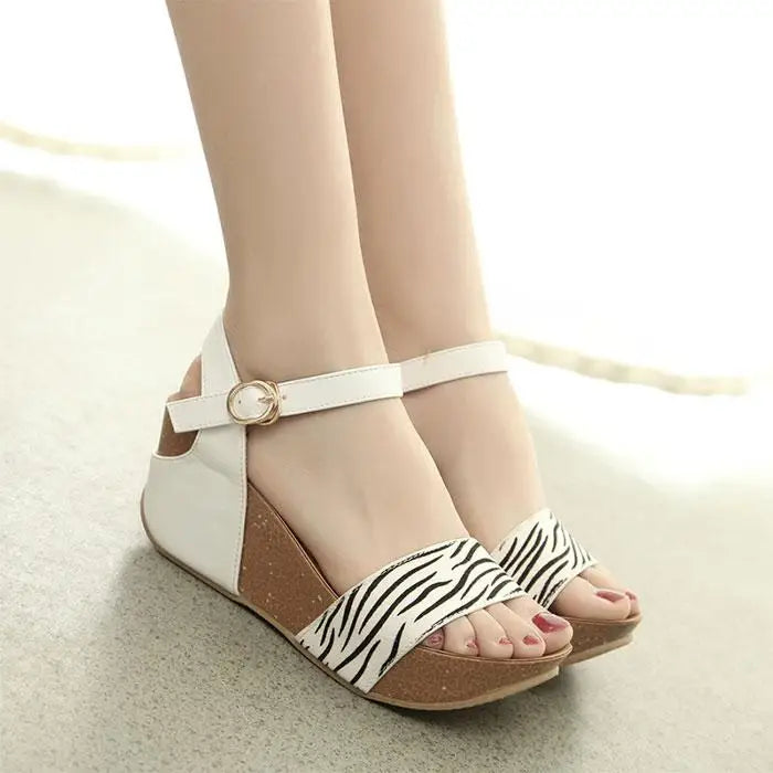 Summer New Genuine Horsehair Highheeled Thicksoled Leopardprint Roman Slopeheeled Sandals 32 33 Small Size Shoes