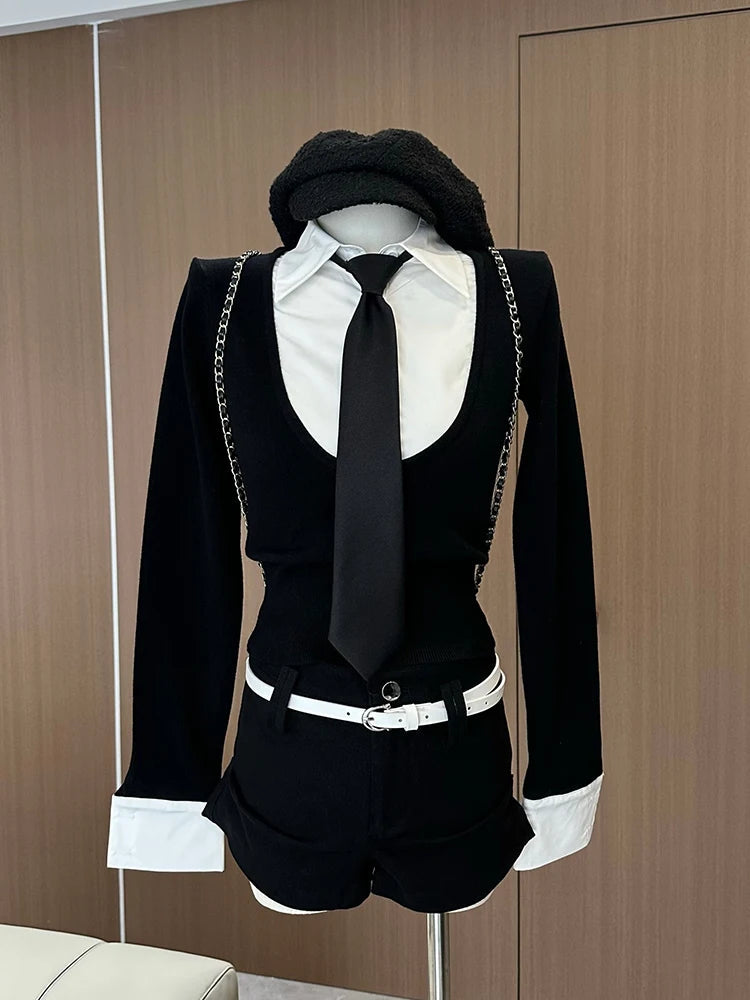 Harajuku Gyaru Preppy Outfits 2 Piece Set Long Sleeve Fake Two Pieces Shirts + Y2k 2000s Aesthetic Shorts Hot Pants Belt
