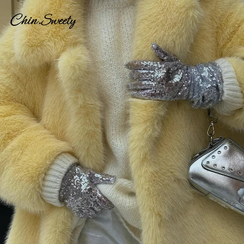 Faux Fur Jacket Coat Warm Fluffy Loose Long Sleeve Lapel Female Overcoat Winter Yellow Lady Street Outwear