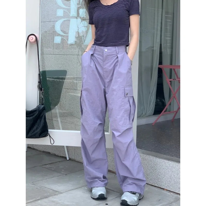 Printing Cargo Trousers for High Waist Patchwork Drawstring Long Pants Female Style
