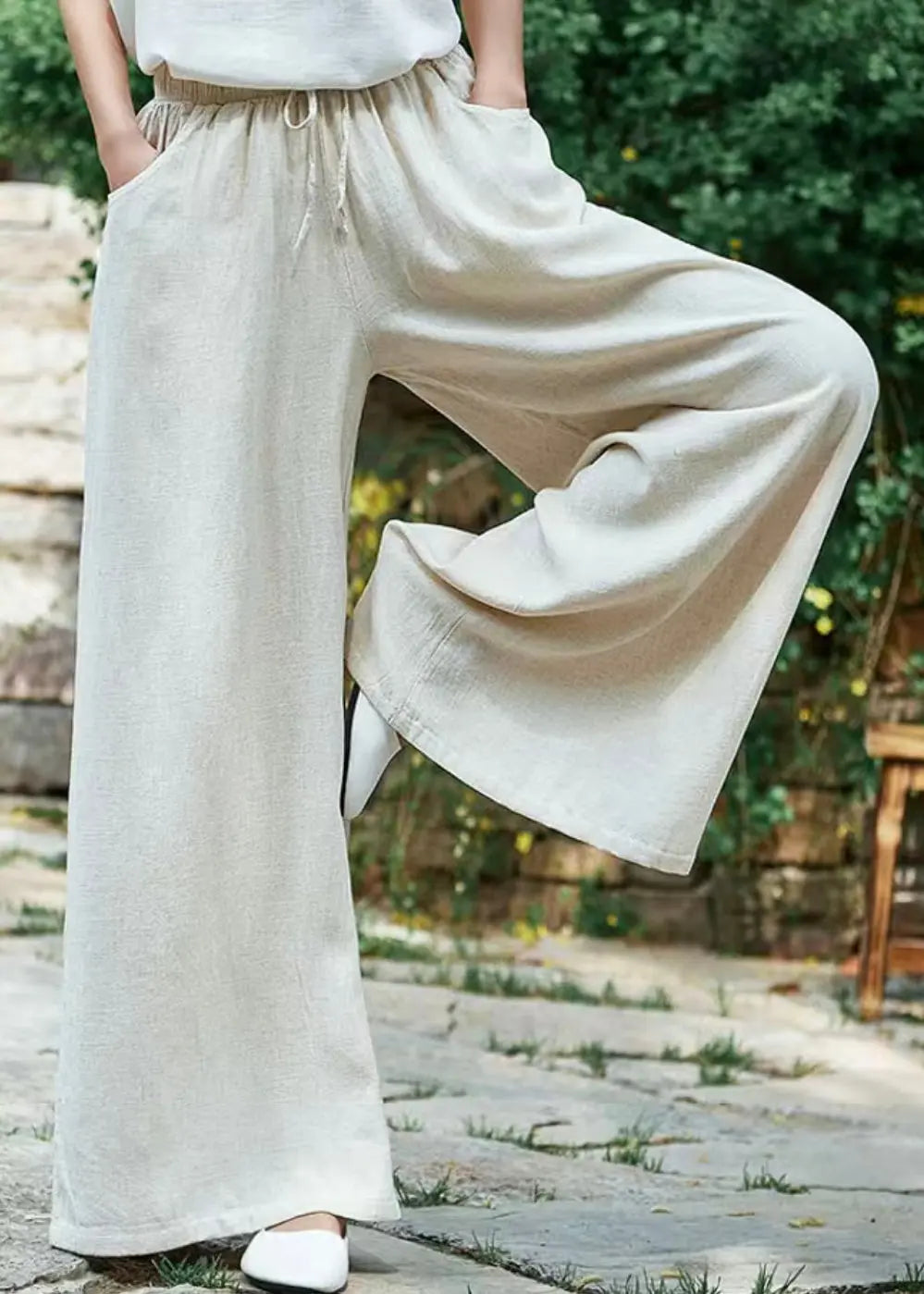 Simple Apricot Lace Up Pockets Linen Pants Summer Cg1037