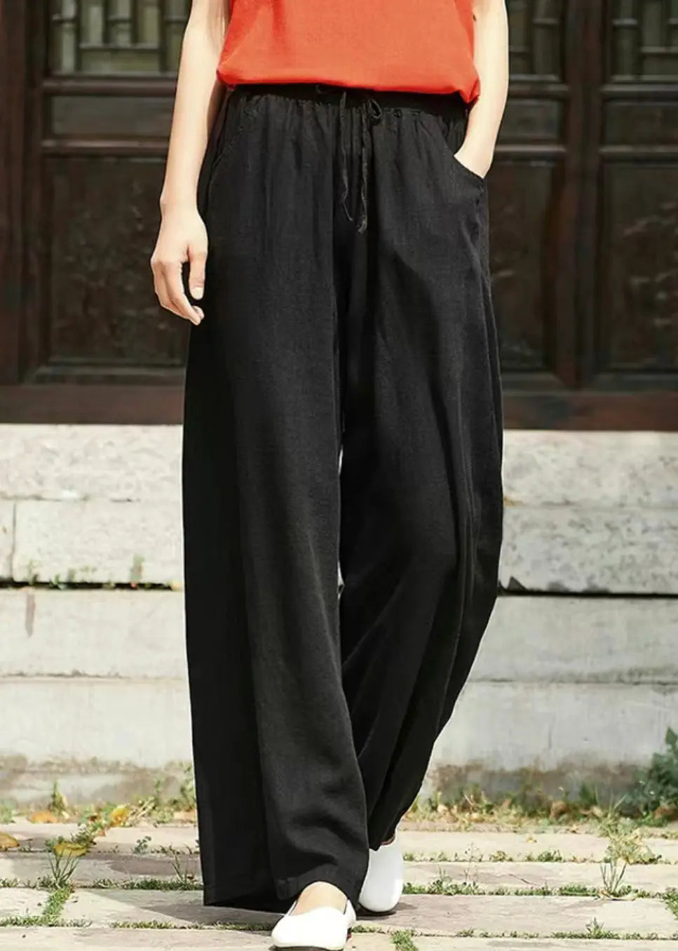 Simple Black Pockets Elastic Waist Linen Pants Summer Cg1021