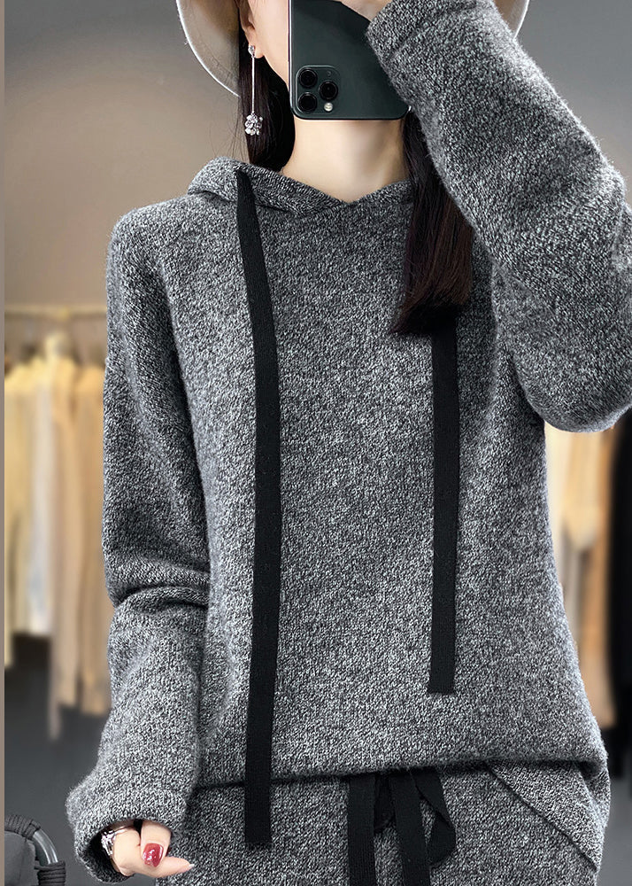 Simple Grey Hooded Pockets Woolen Two-piece Set Winter Wm008