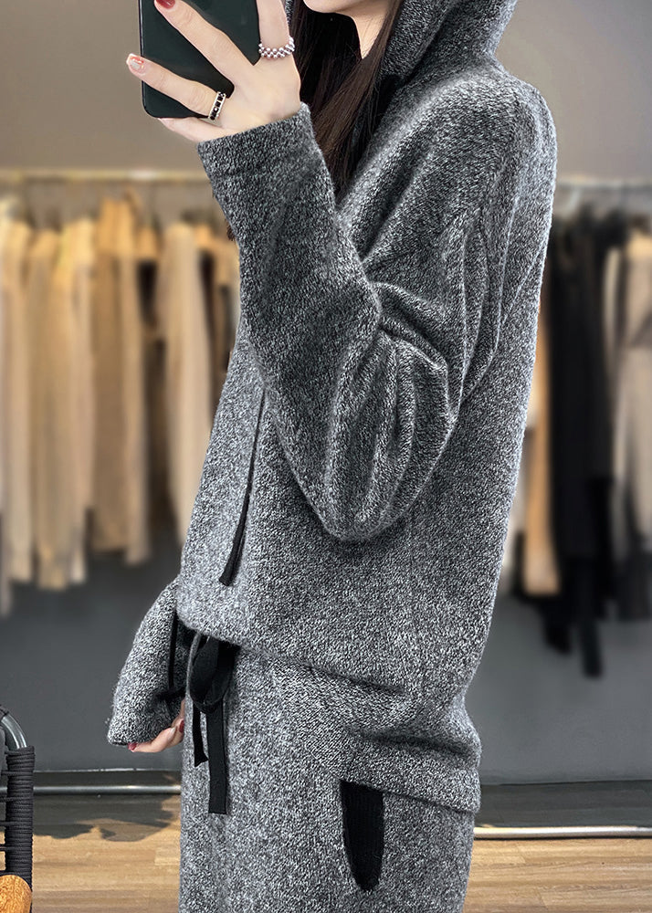 Simple Grey Hooded Pockets Woolen Two-piece Set Winter Wm008