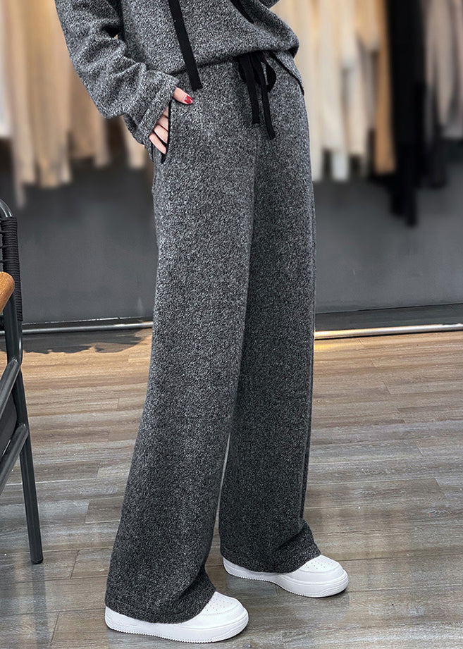 Simple Grey Hooded Pockets Woolen Two-piece Set Winter Wm008