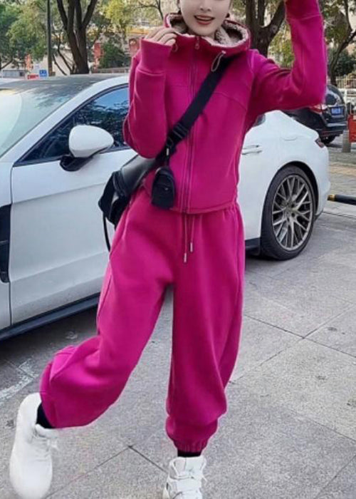Simple Rose Hooded Coat and Pants Warm Fleece Two Pieces Set Spring Yw030