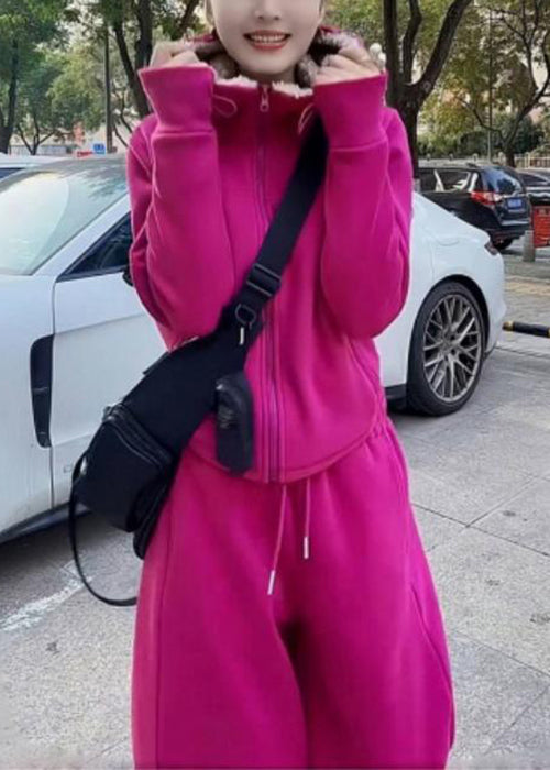 Simple Rose Hooded Coat and Pants Warm Fleece Two Pieces Set Spring Yw030