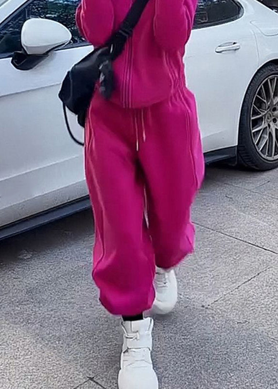 Simple Rose Hooded Coat and Pants Warm Fleece Two Pieces Set Spring Yw030