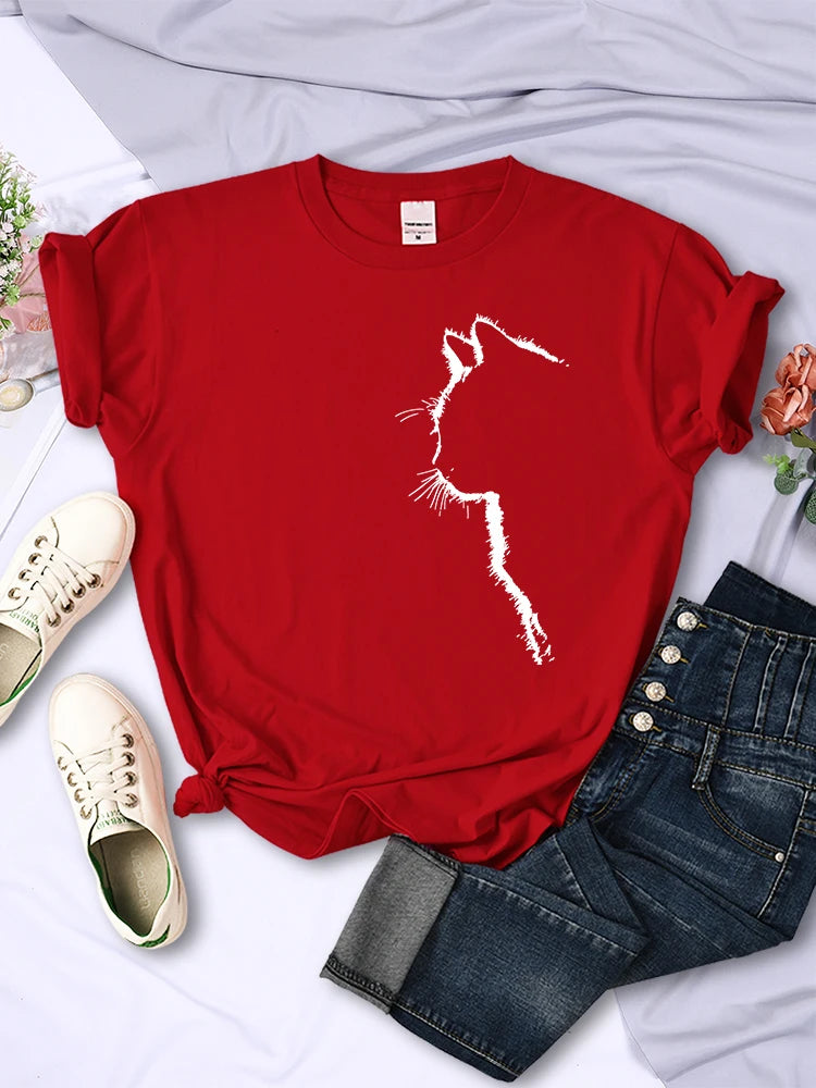 Simple Strokes of Cat Funny Printed T-shirt Short Sleeve O-neck Personality Street Tee Clothing Summer Tops