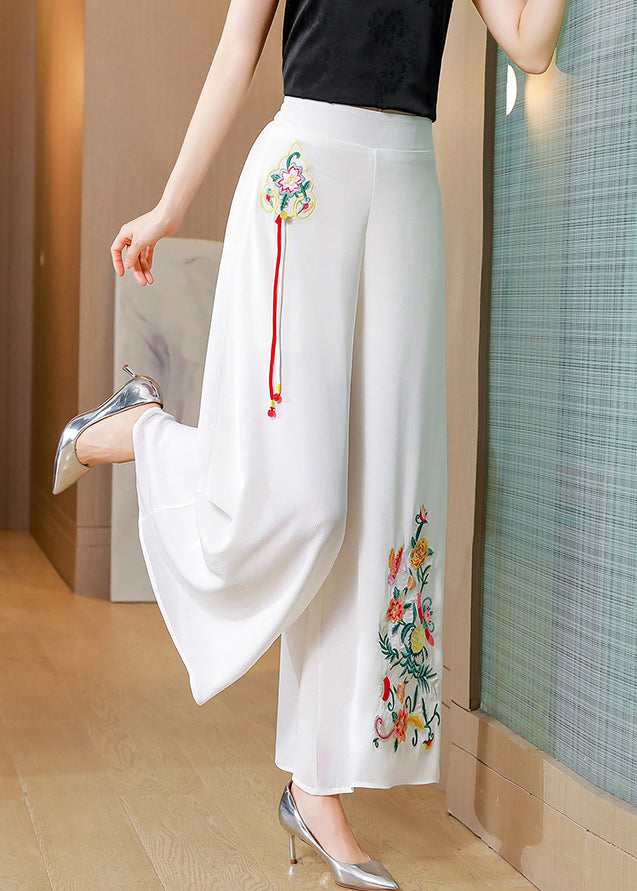 Simple White Embroideried Tassel Chiffon Straight Pants Summer Ly0456