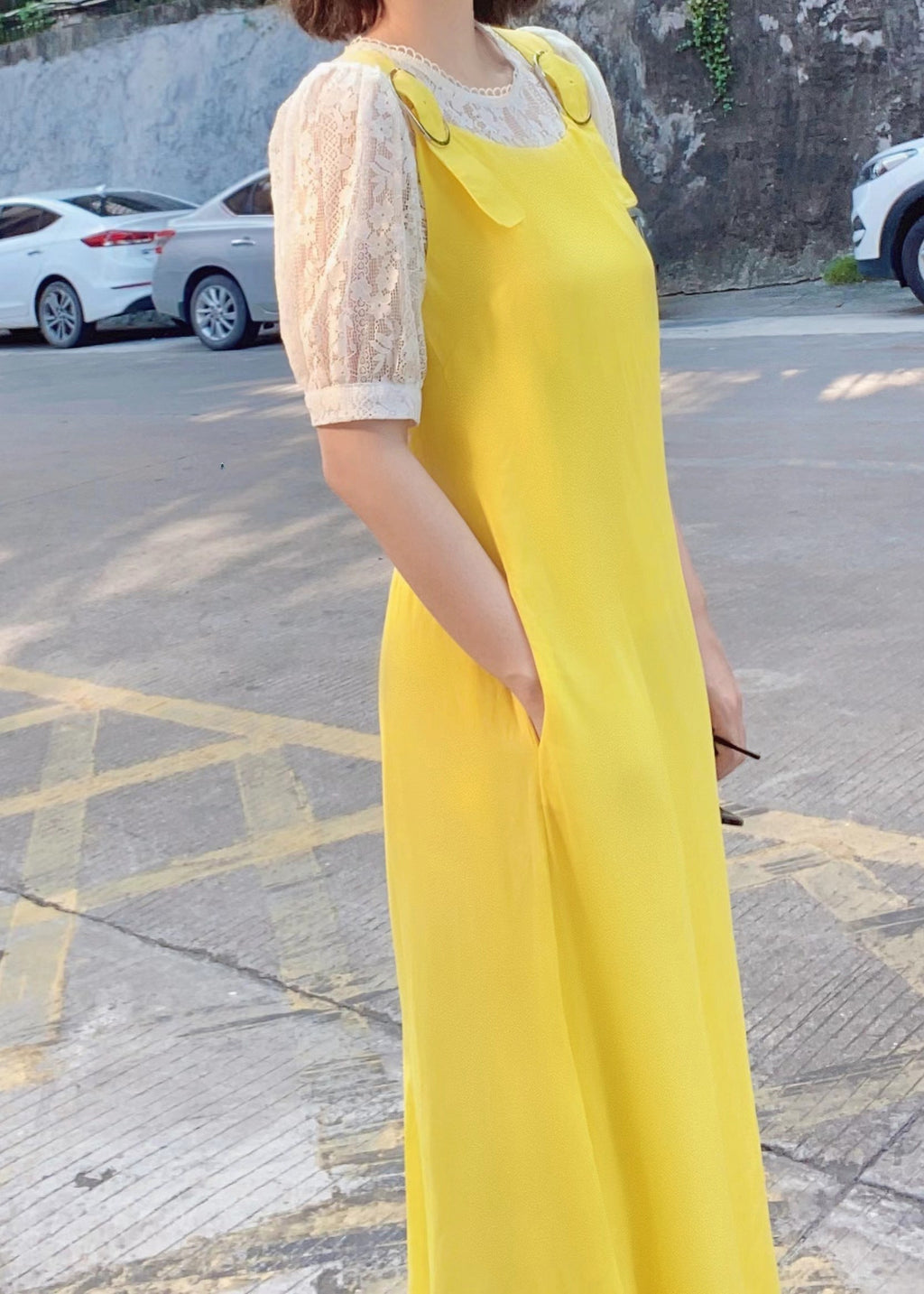 Pants Yellow Pockets Cotton Simple Sleeveless Jumpsuit