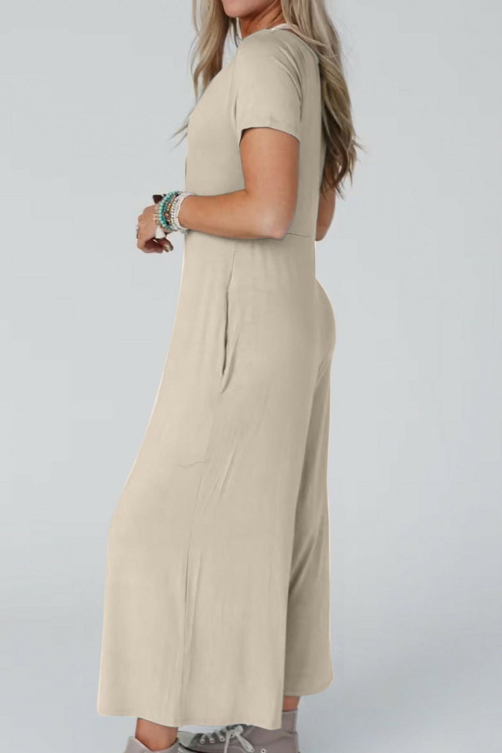 Single-breasted Short Sleeve Pocketed Jumpsuits
