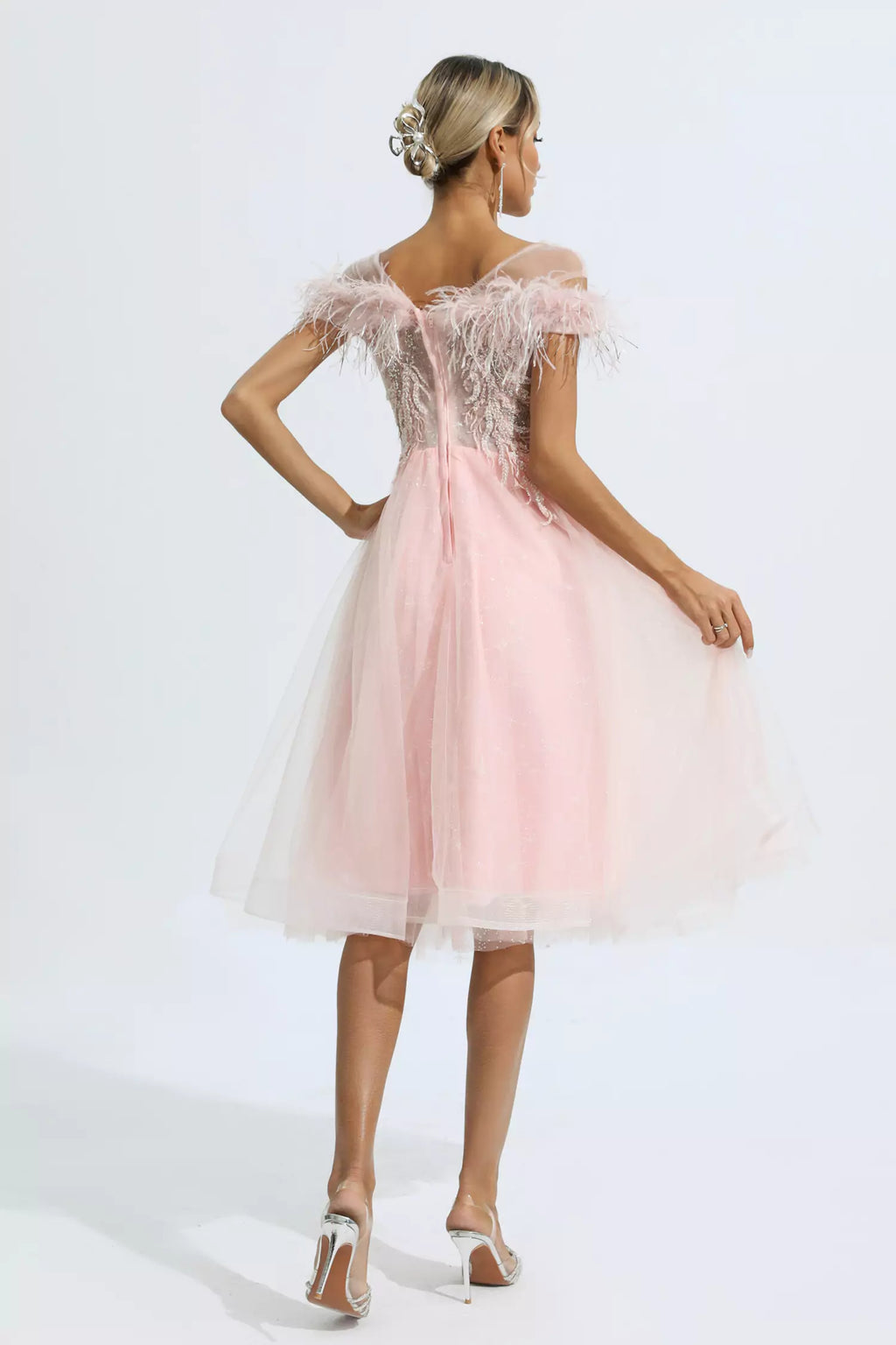 Sky Pink Feather Mesh Midi Dress