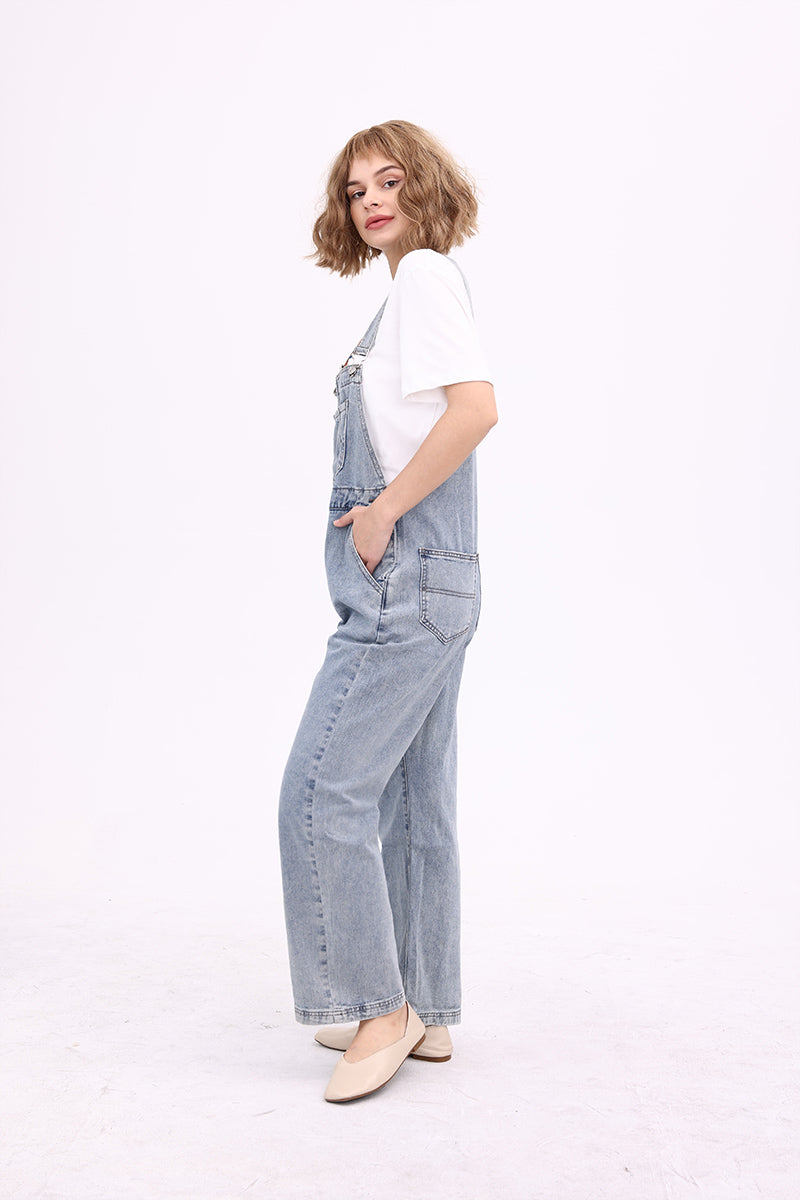 Slant Pocket Wide Leg Denim Overalls