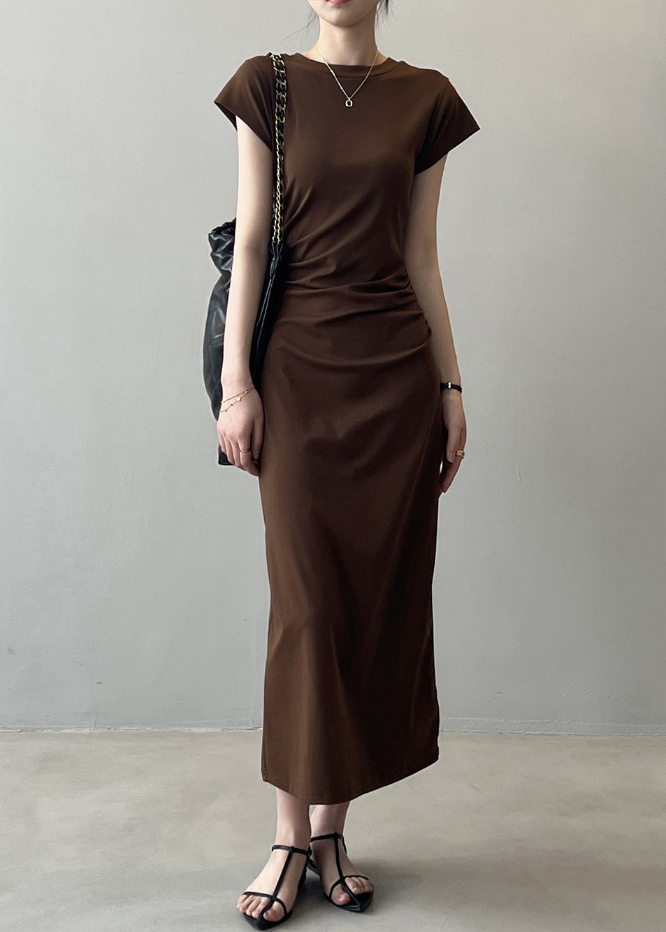 Slim Fit Coffee Cotton Long Dresses Summer Qe006
