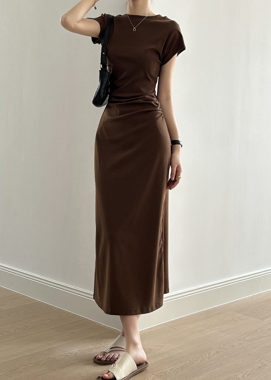 Slim Fit Coffee Cotton Long Dresses Summer Qe006