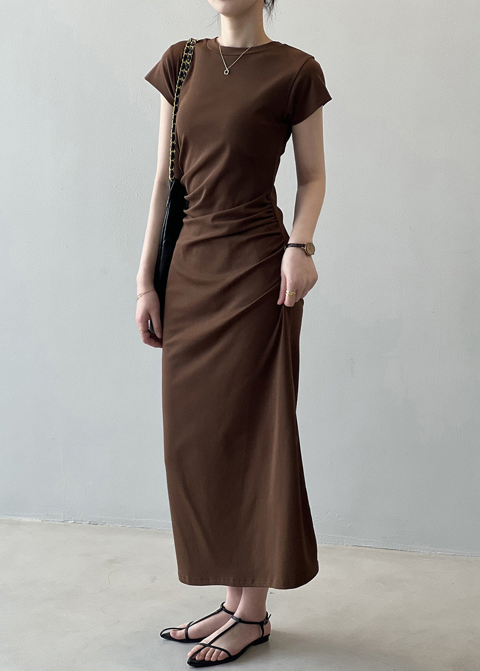 Slim Fit Coffee Cotton Long Dresses Summer Qe006