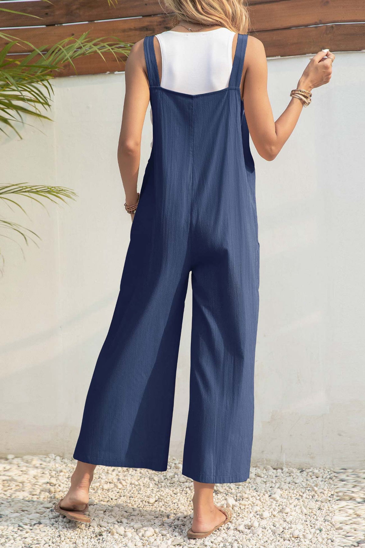 Color Button Closure Pocketed Jumpsuits
