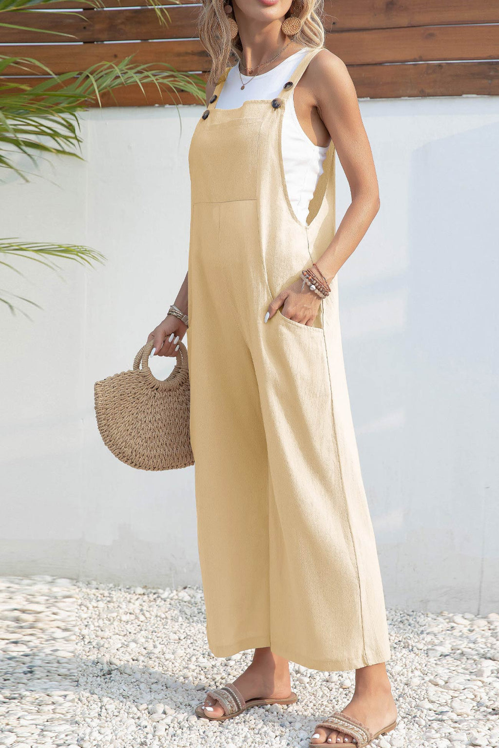 Color Button Closure Pocketed Jumpsuits