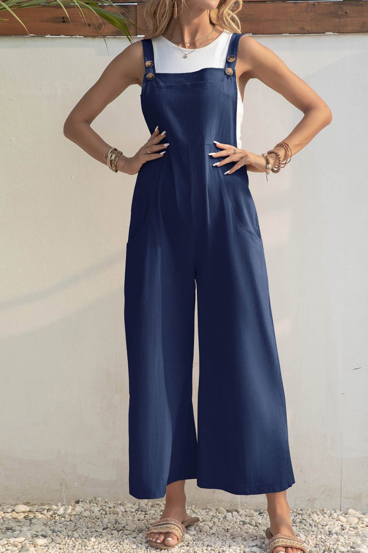 Color Button Closure Pocketed Jumpsuits