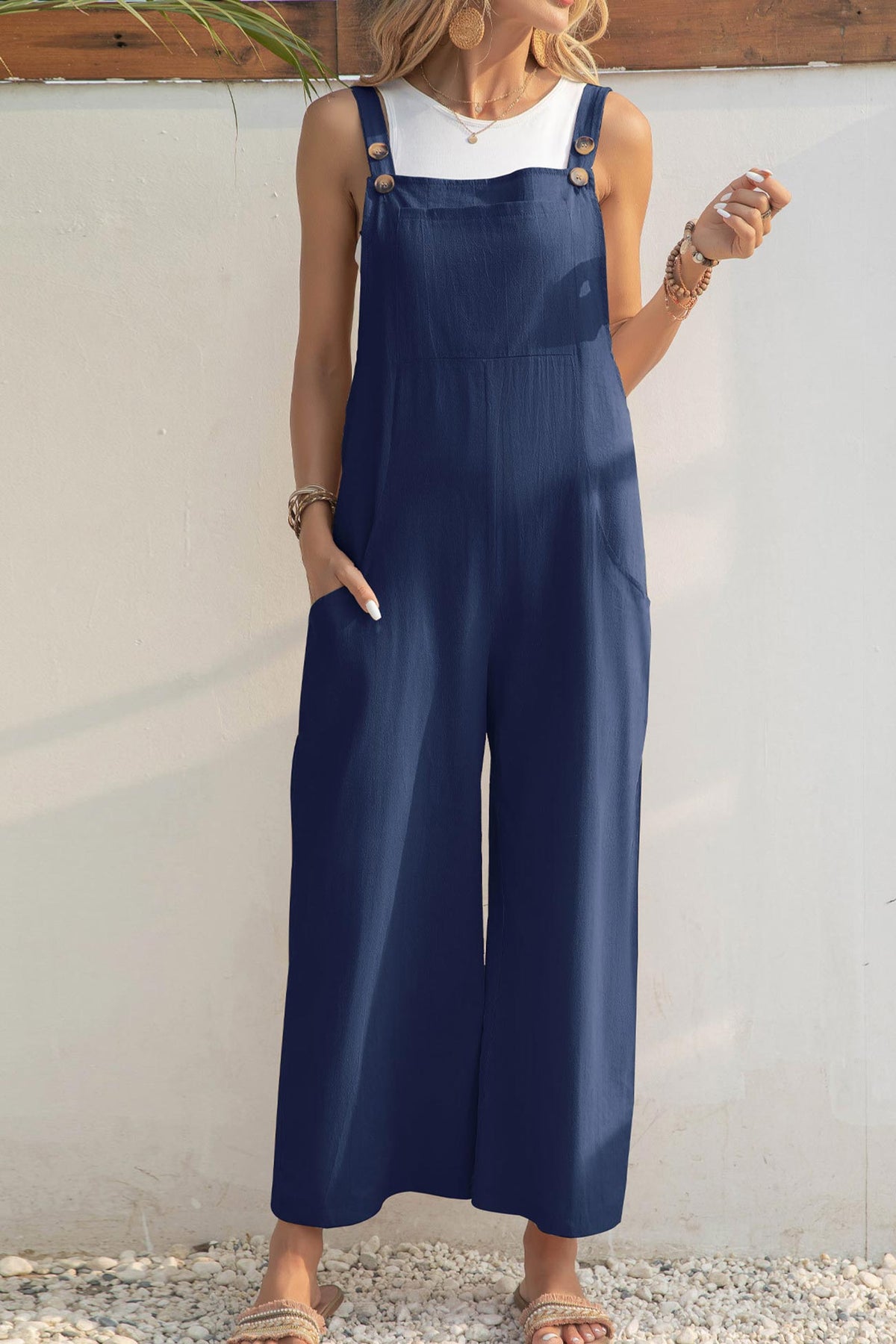 Color Button Closure Pocketed Jumpsuits