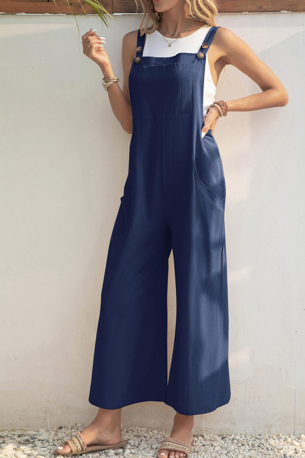 Color Button Closure Pocketed Jumpsuits