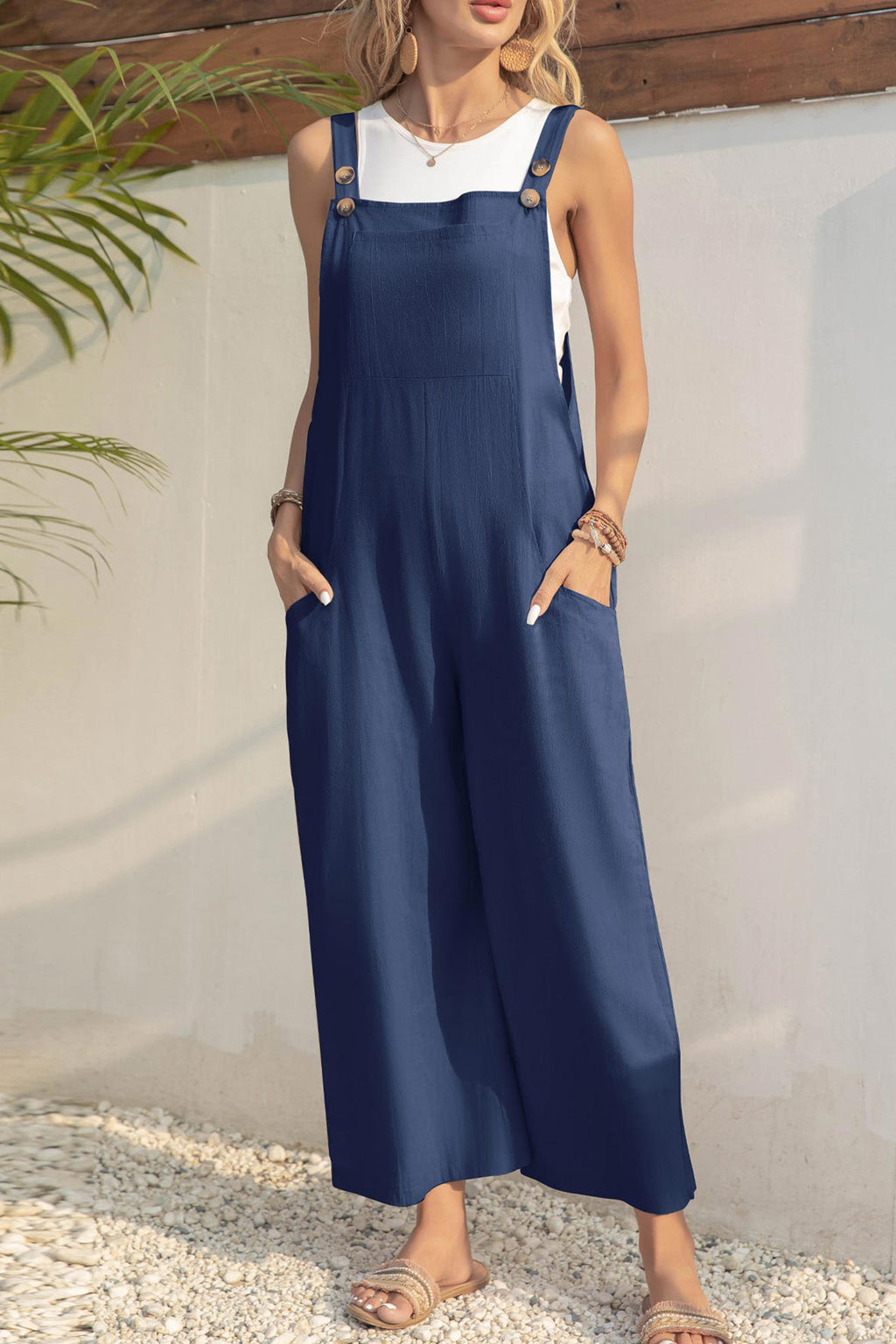 Color Button Closure Pocketed Jumpsuits