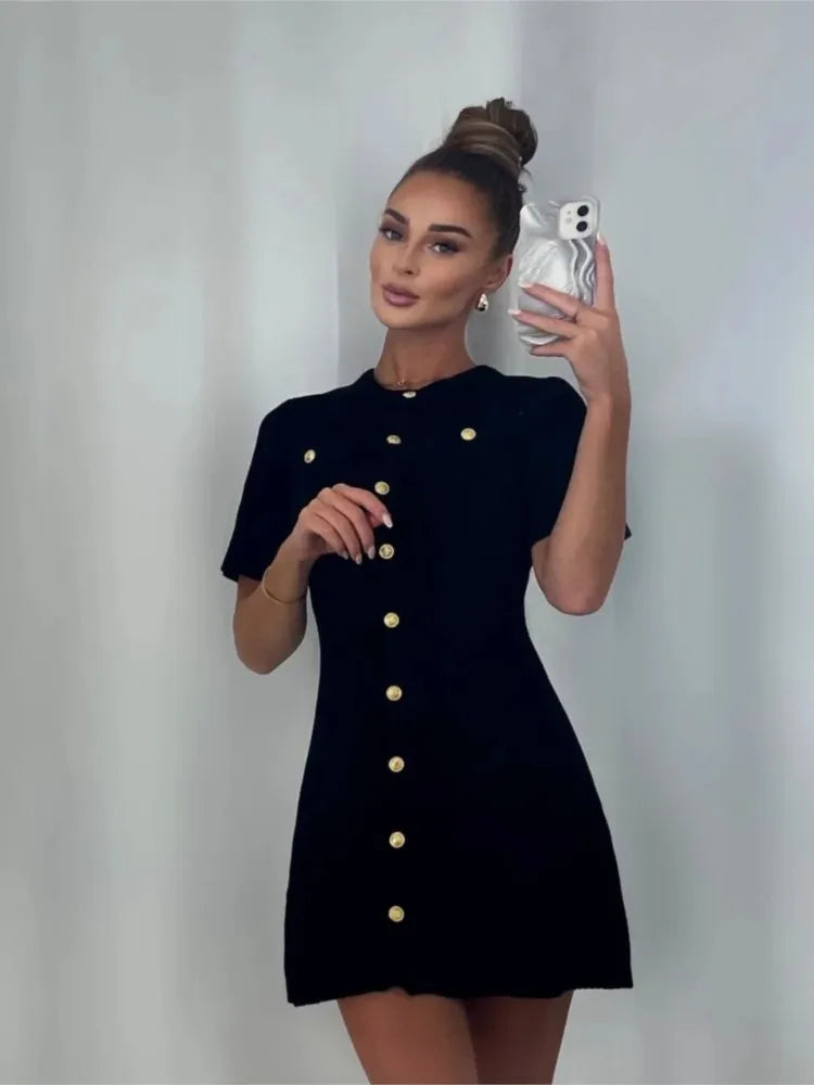 Color Knitted Mini Dress for Metal Button Slim Rib Sweater Dress Holiday Party Outfits Spring New