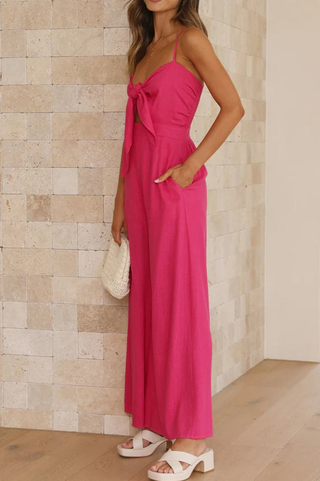 Color Knot-front Wide Leg Cami Jumpsuits