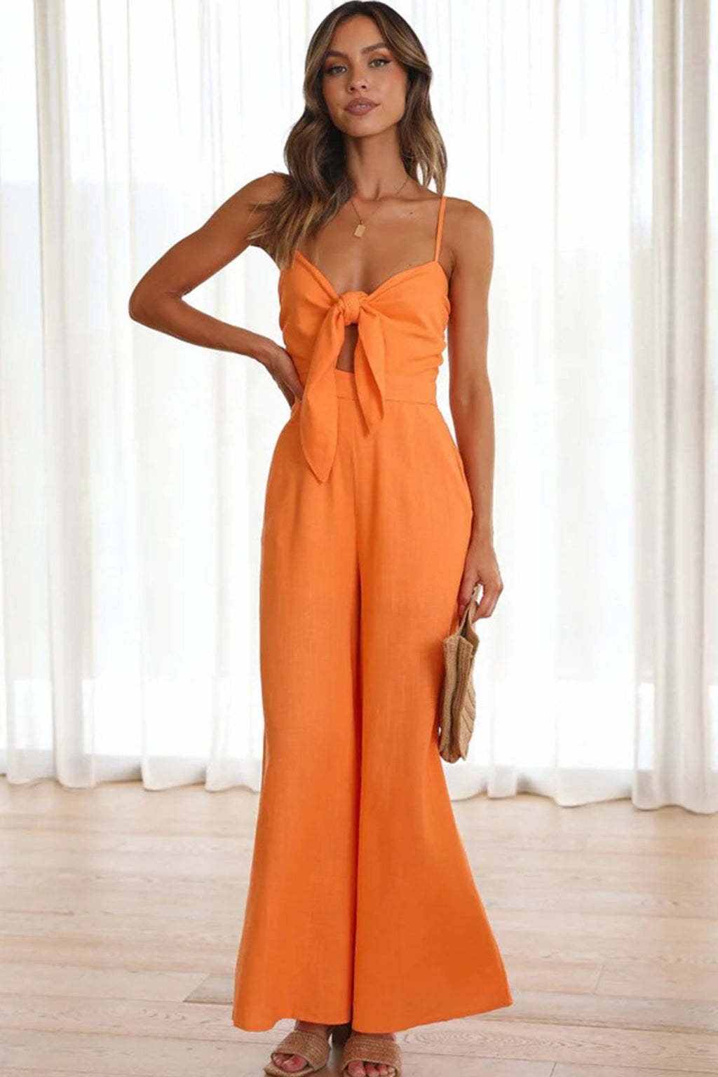 Color Knot-front Wide Leg Cami Jumpsuits