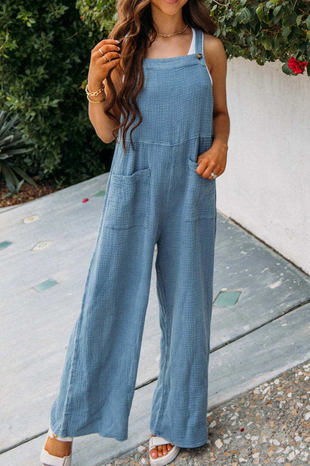 Color Pocketed Loose Jumpsuits