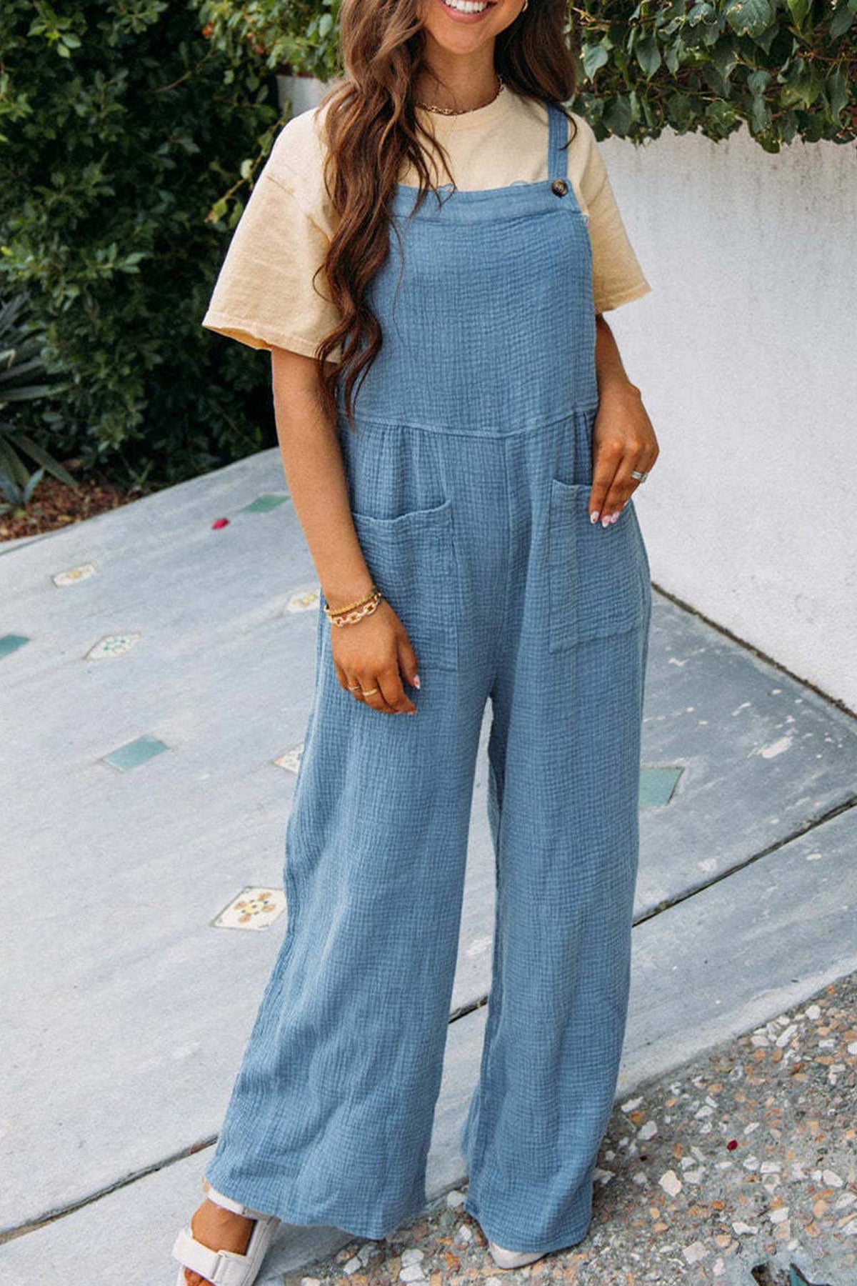 Color Pocketed Loose Jumpsuits