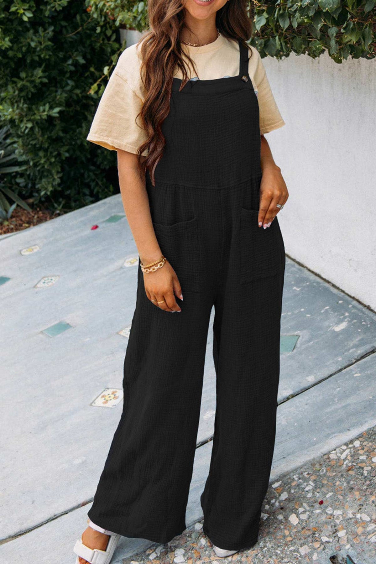 Color Pocketed Loose Jumpsuits
