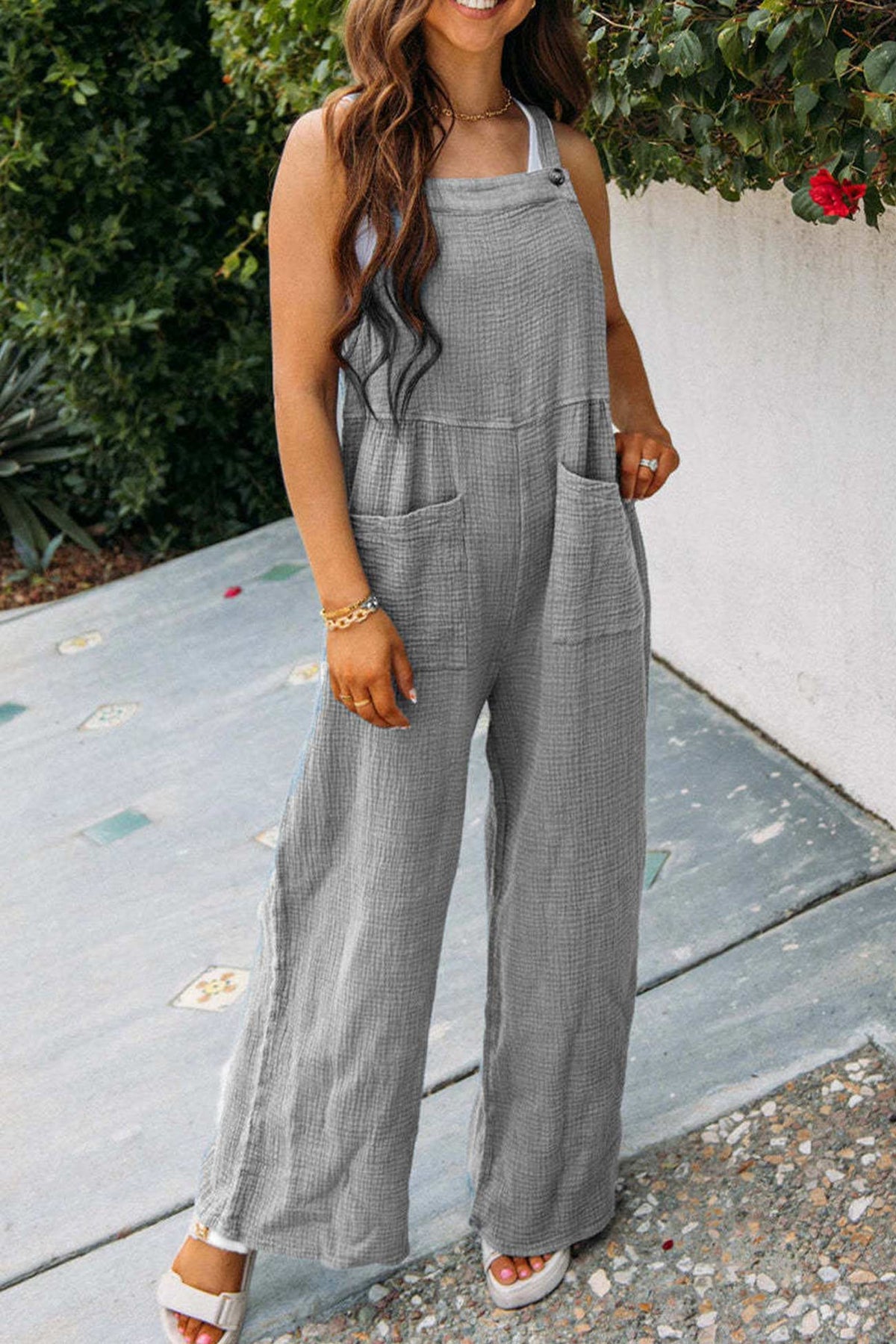 Color Pocketed Loose Jumpsuits