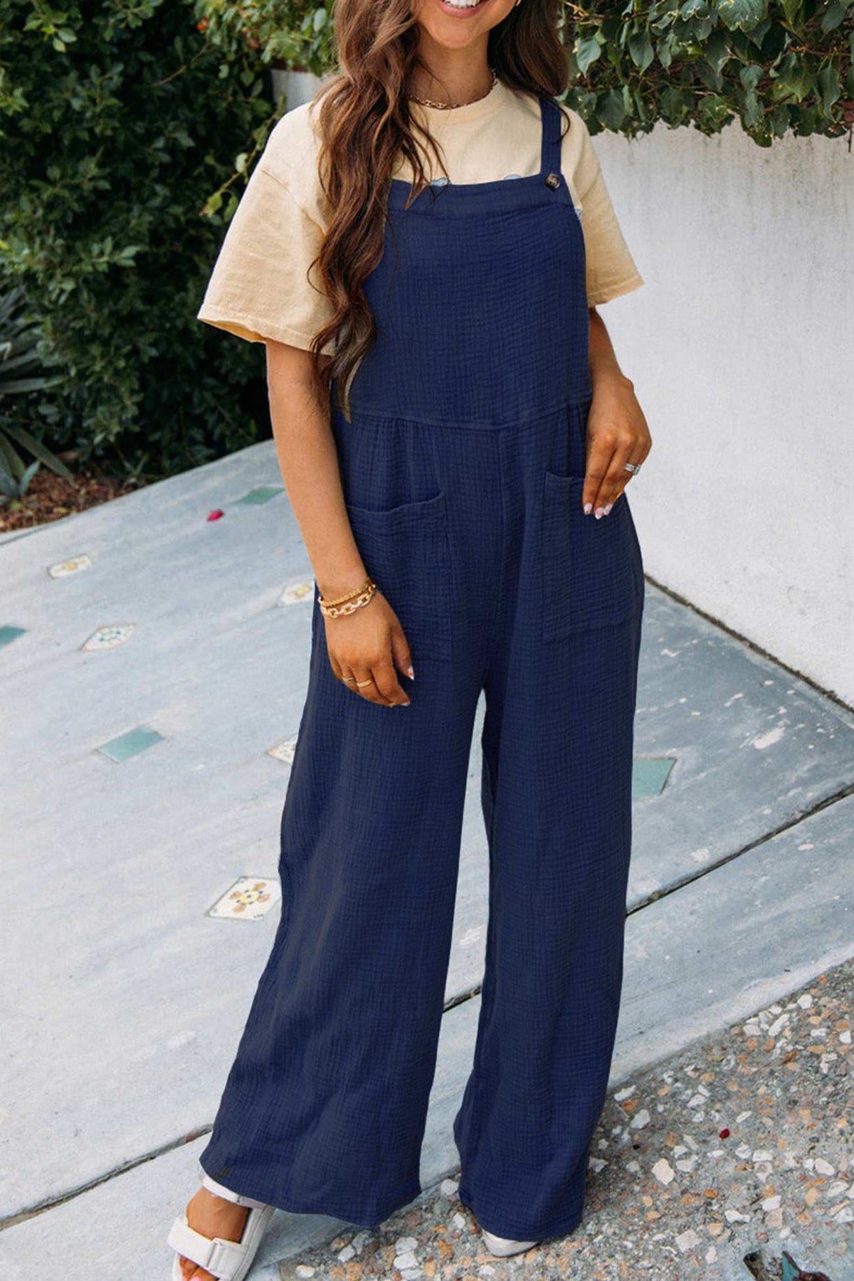 Color Pocketed Loose Jumpsuits