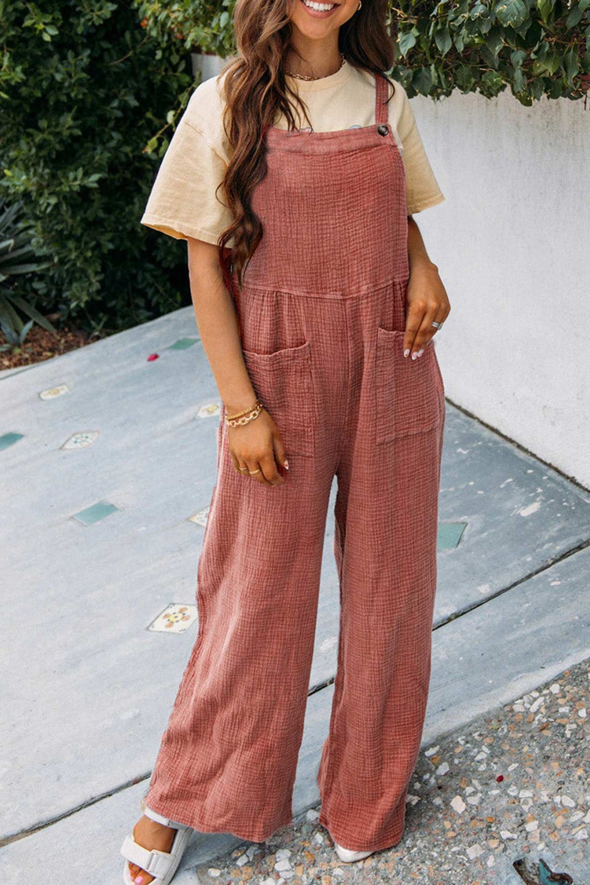 Color Pocketed Loose Jumpsuits