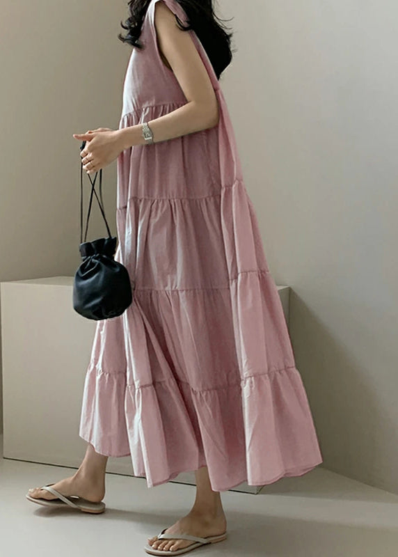 Color Sleeveless V-neck Pleated Layered Lace Up Daily Maxi Dress Apricot Lc0016