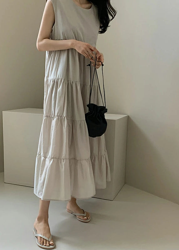 Color Sleeveless V-neck Pleated Layered Lace Up Daily Maxi Dress Apricot Lc0016
