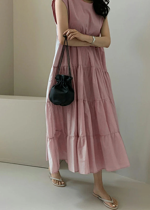 Color Sleeveless V-neck Pleated Layered Lace Up Daily Maxi Dress Apricot Lc0016