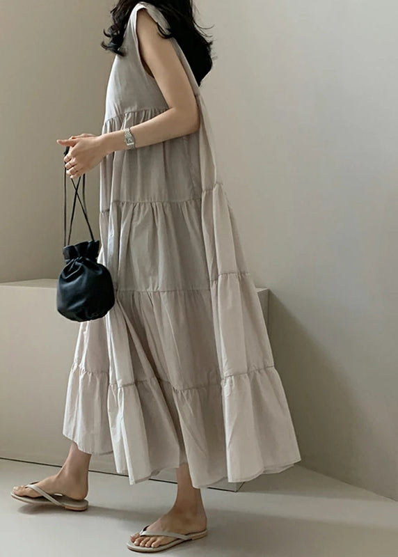 Color Sleeveless V-neck Pleated Layered Lace Up Daily Maxi Dress Apricot Lc0016