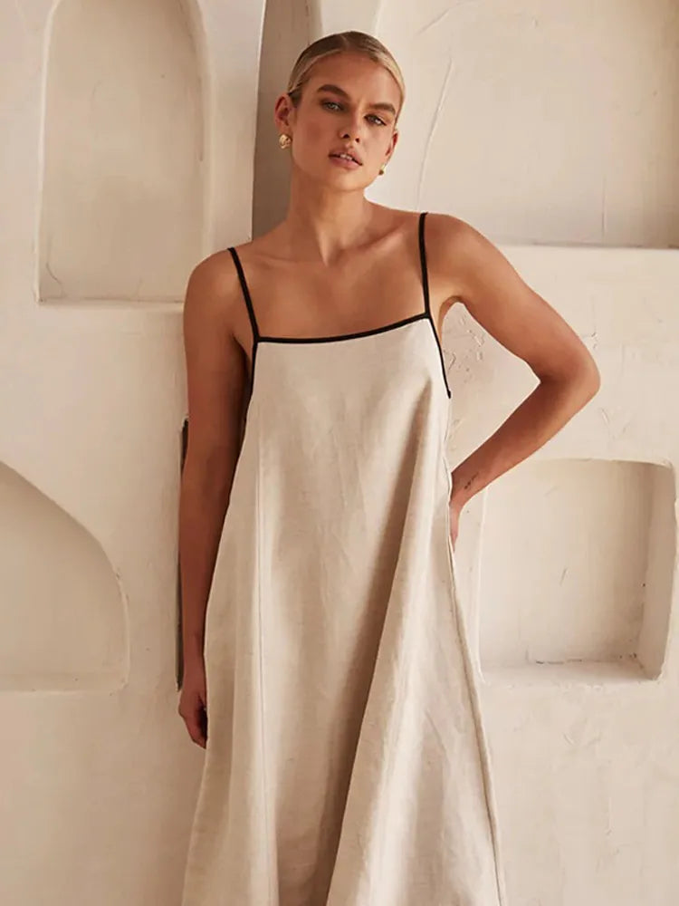 Cotton Linen Sling Dress Summer Backless Sleeveless Slip Long Dresses Lady Loose Maxi Dress