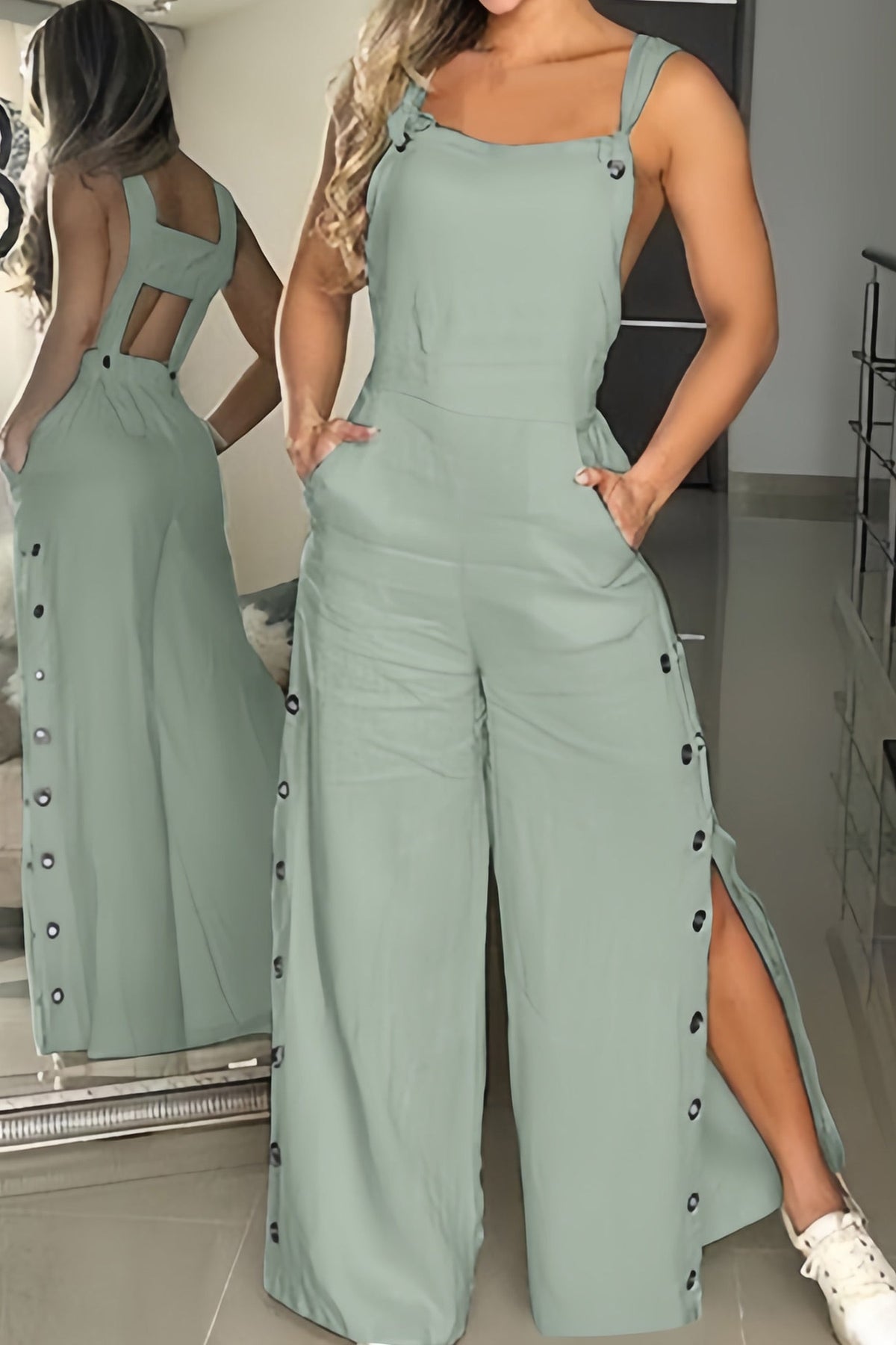 Cutout Button Slit Wide Leg Jumpsuits