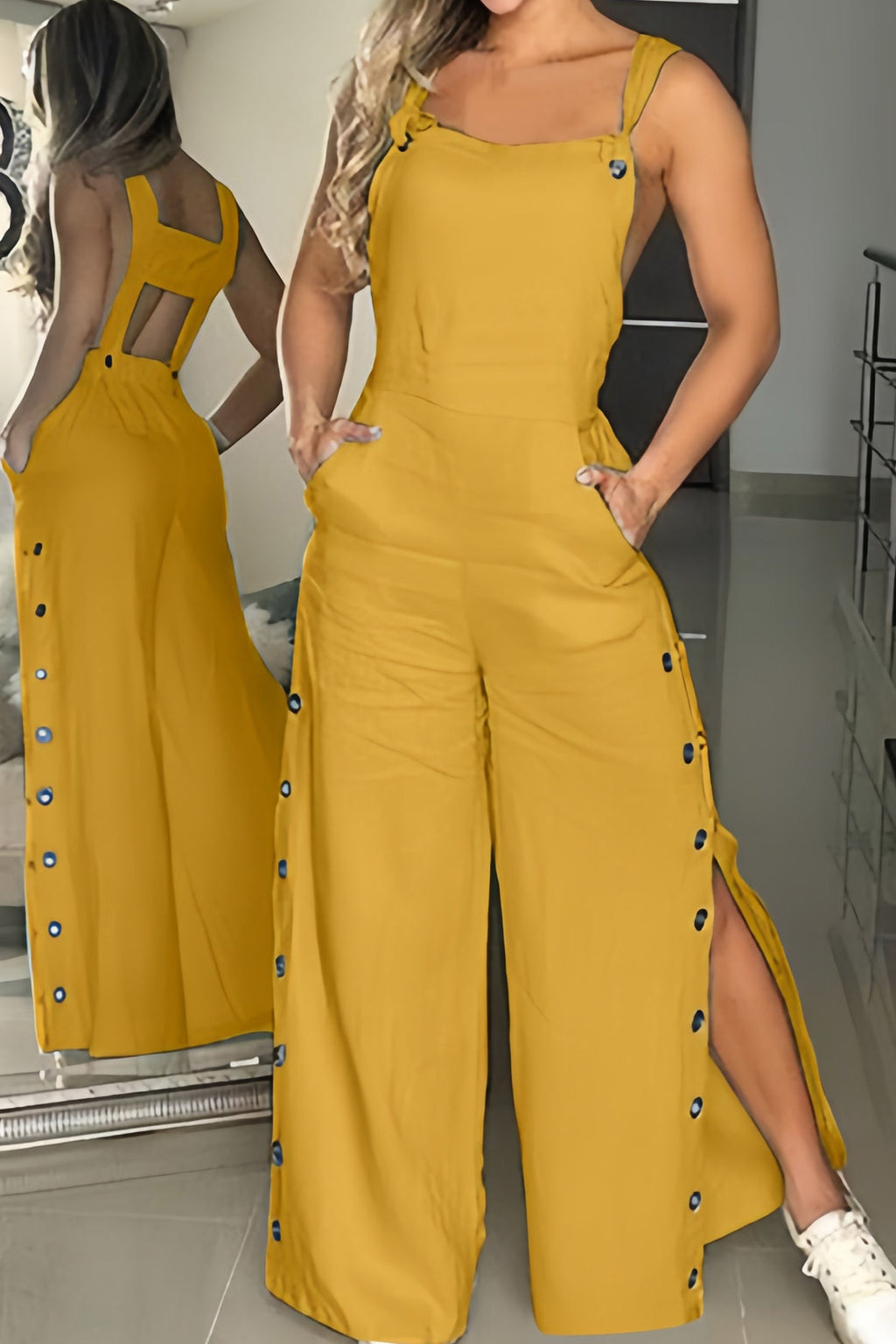 Cutout Button Slit Wide Leg Jumpsuits