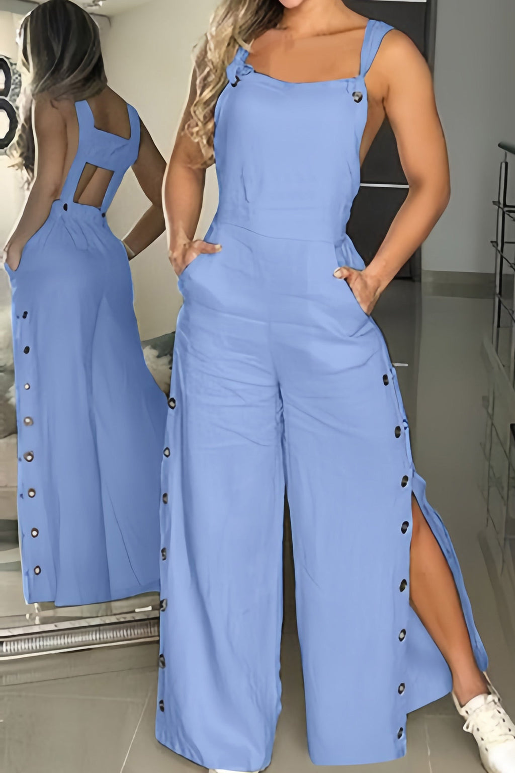 Cutout Button Slit Wide Leg Jumpsuits