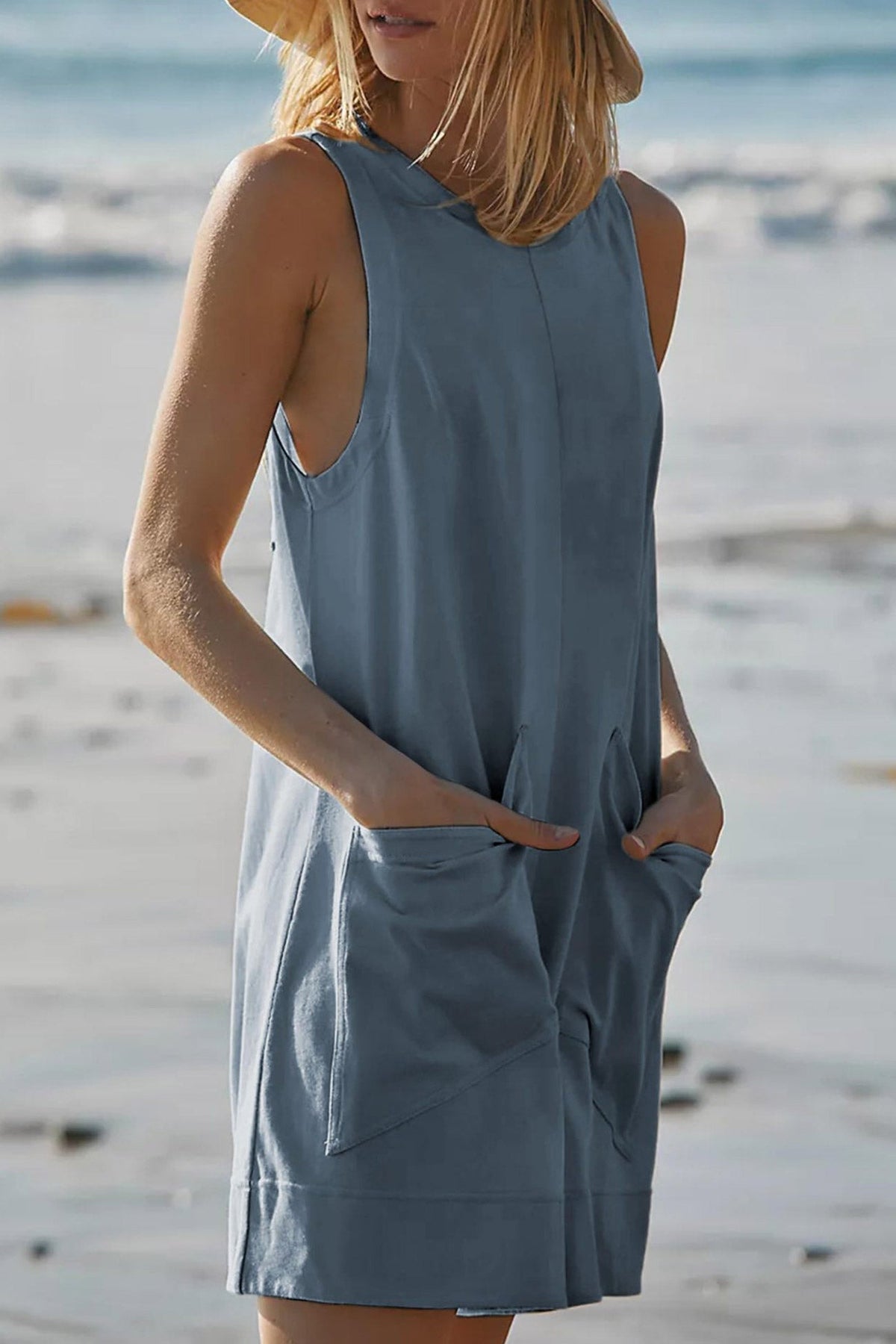 Front With Pockets Sleeveless Rompers