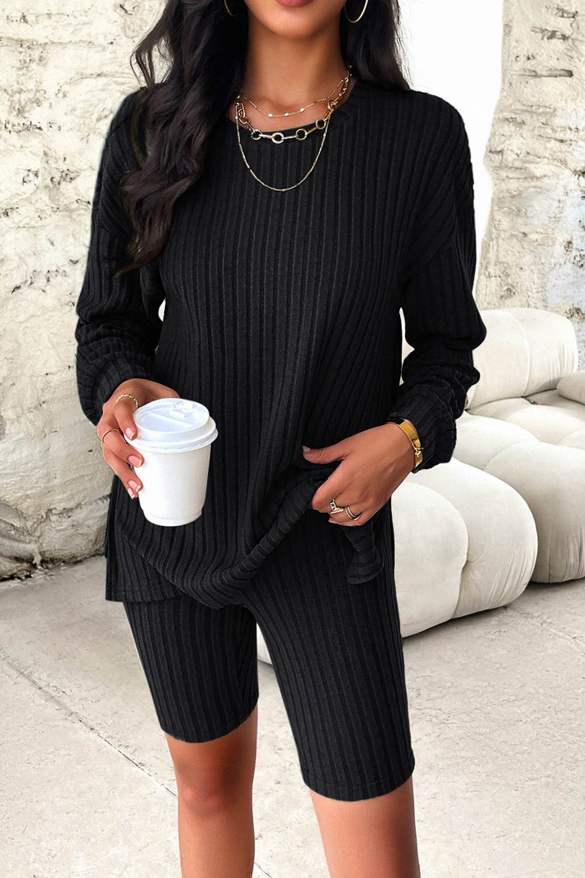 Ribbed Knit Tops Shorts Set