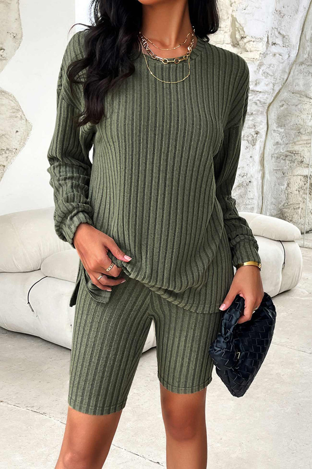 Ribbed Knit Tops Shorts Set