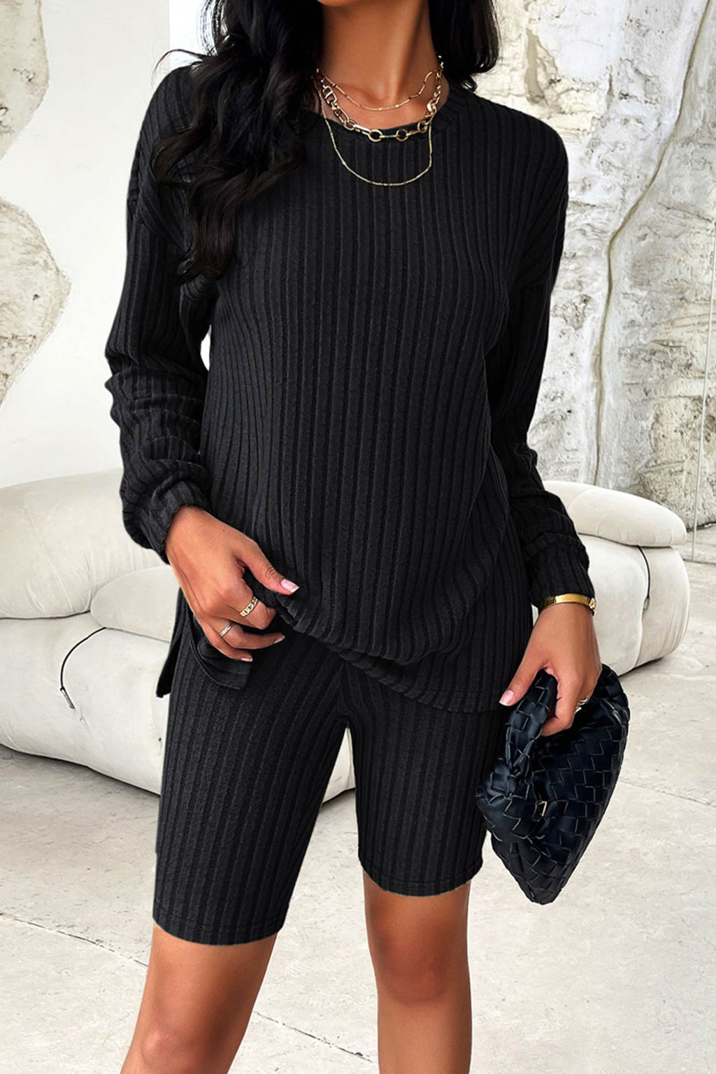 Ribbed Knit Tops Shorts Set