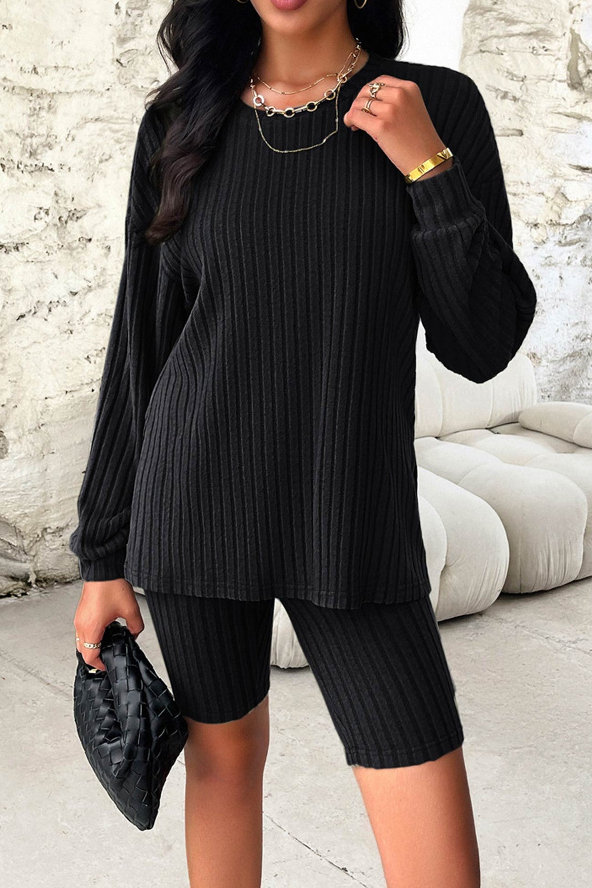Ribbed Knit Tops Shorts Set